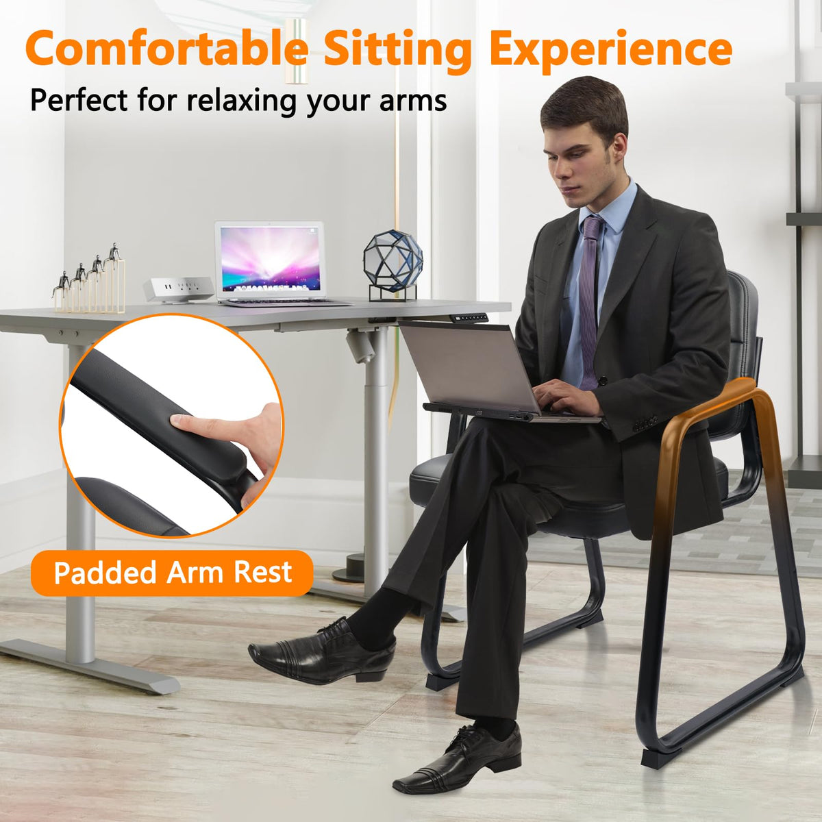 CLATINA Waiting Room Guest Chair with Bonded Leather Padded Arm Rest for Office Reception and Conference Desk Black with Sled Base Brown 1 Pack