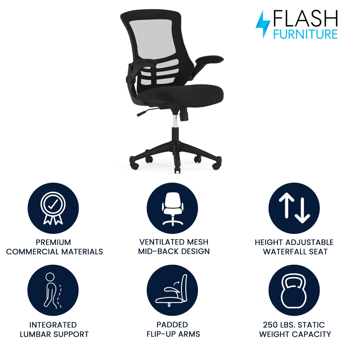 Flash Furniture Set of 4 Mid-Back Swivel Ergonomic Task Office Chairs with Flip-Up Arms, Black Mesh