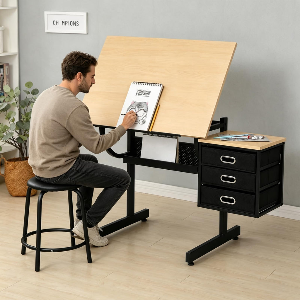 Drafting Table, Height Adjustable Art Table with Stool,T1-All White