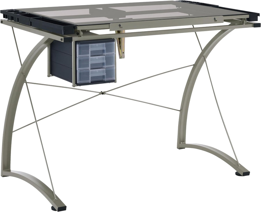 Coaster Home Furnishings - Melo - Metal and Glass - 41-Inch Drafting Table with Adjustable Pitch, Three Drawers, Retractable Pencil Ledge and Storage Compartments - Home Office - Silver - 800986