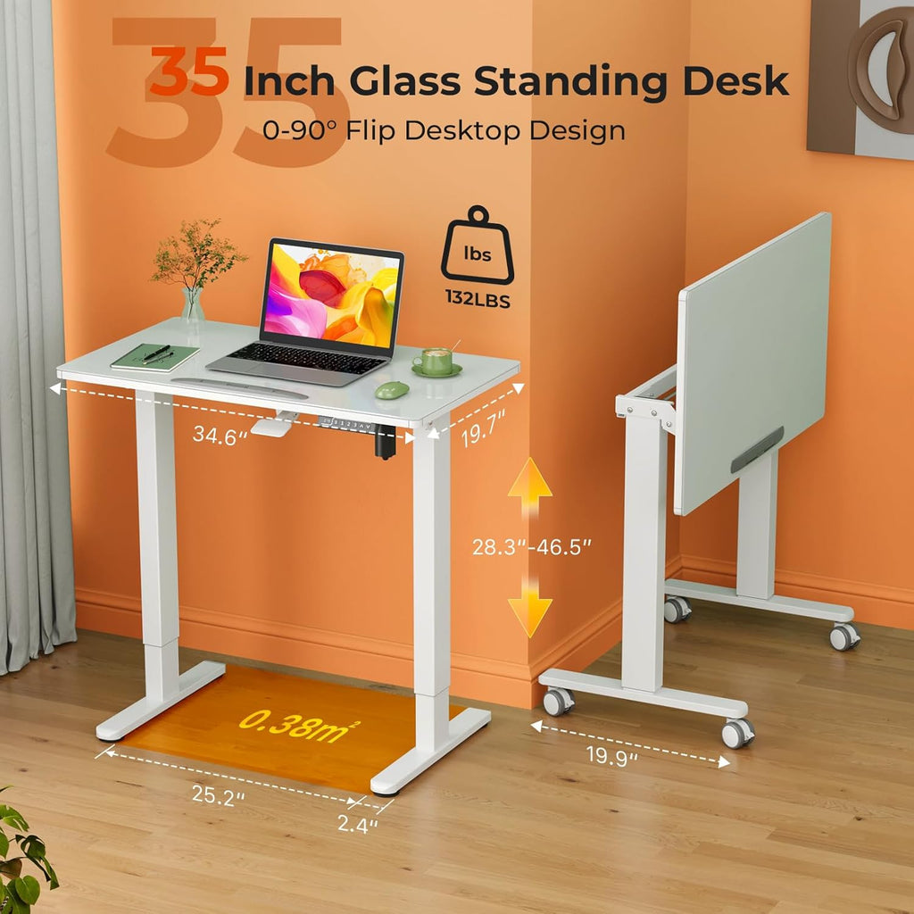 35" Glass Standing Desk, 90Â° Tilt Height Adjustable Drafting Table