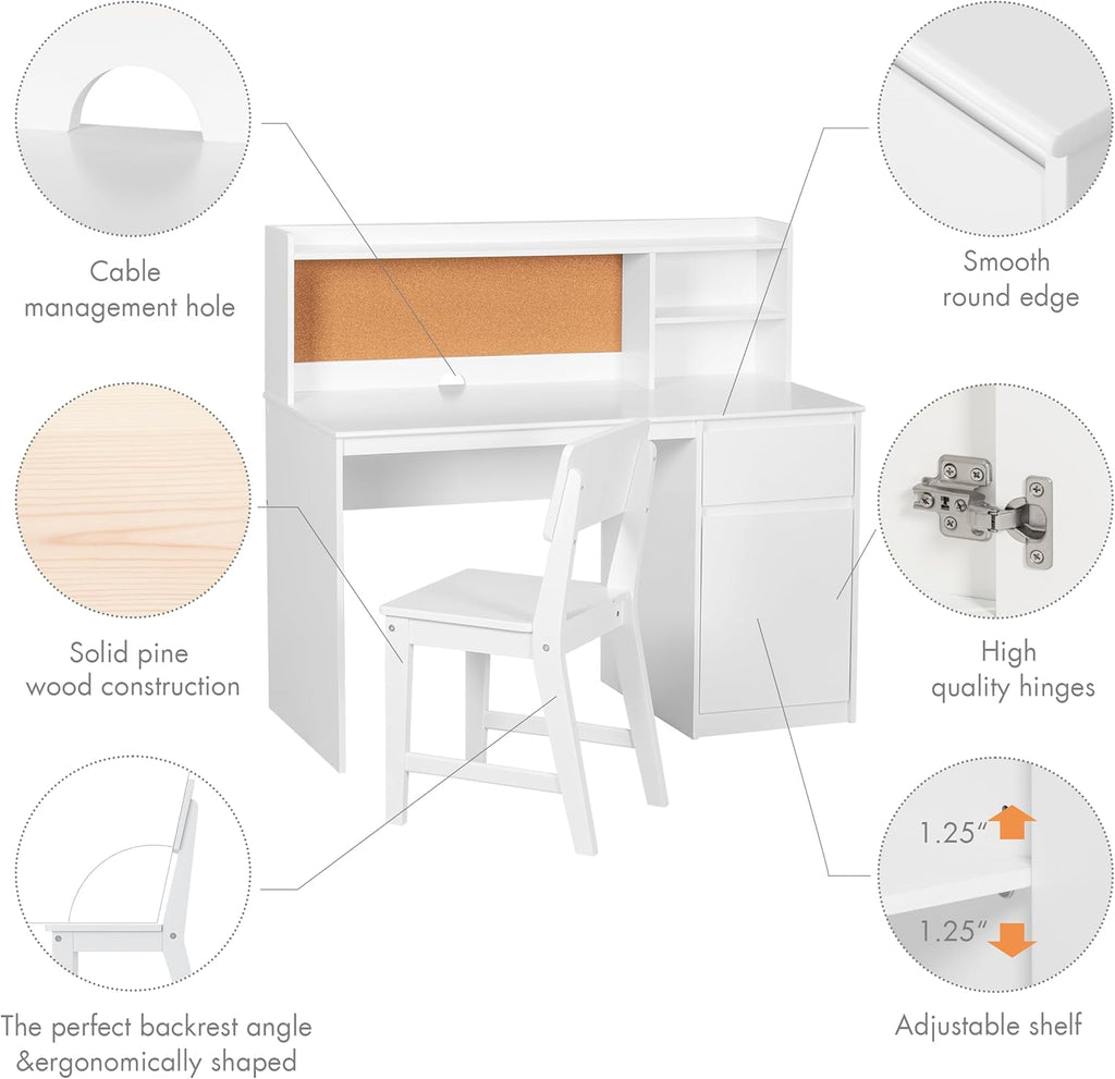 UTEX Wooden Kids Desk and Chair Set with Hutch and Storage for Ages 5-12