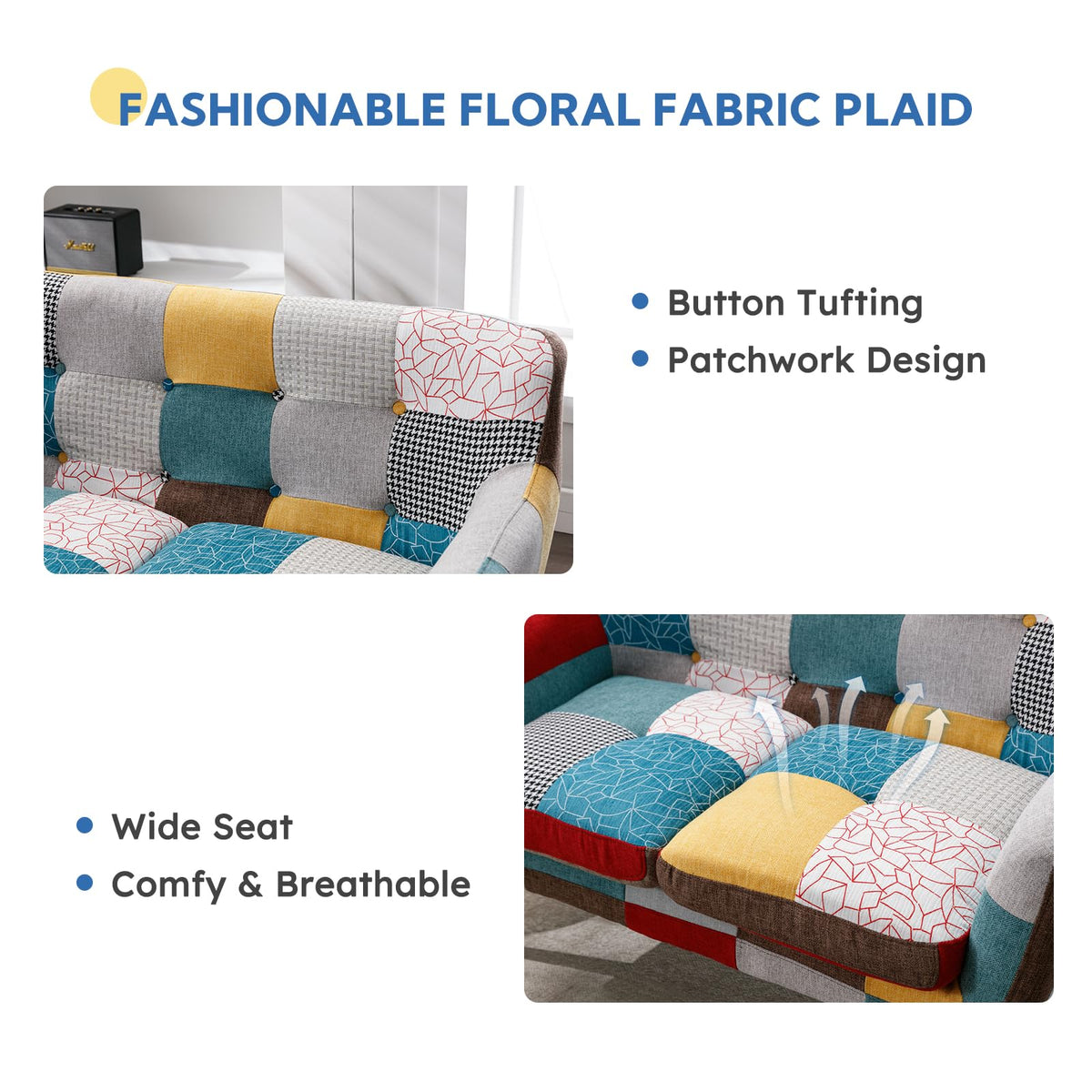 Bonzy Home Modern Colorful 2 Piece Coroful Fabric Sofa Set, Included Accent Chairs and Boho Loveseat Sofa, Linen Patchwork Plaid Couches with Rubberwood Legs and Removable Upholstered for Living Room