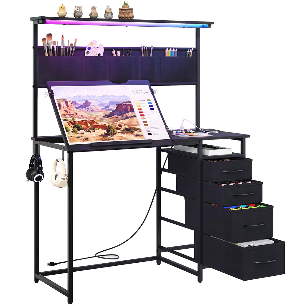 Drafting Table with Storage Drawers & Shelf Adjustable Tilting Art Craft Desk Drawing Painting Sketching Multifunctional Workstation for Home Office