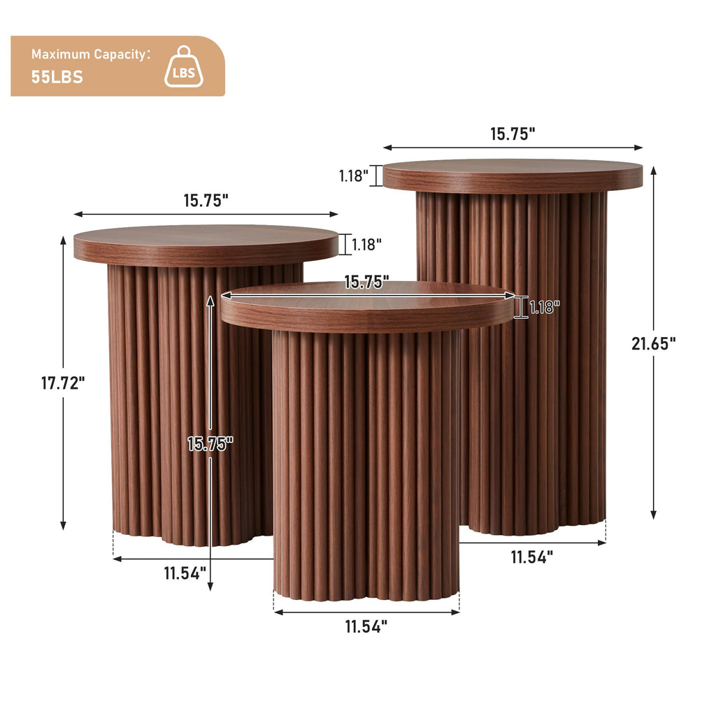 Round Nesting Coffee Table Set of 3 Fluted Coffee Table (Natural)