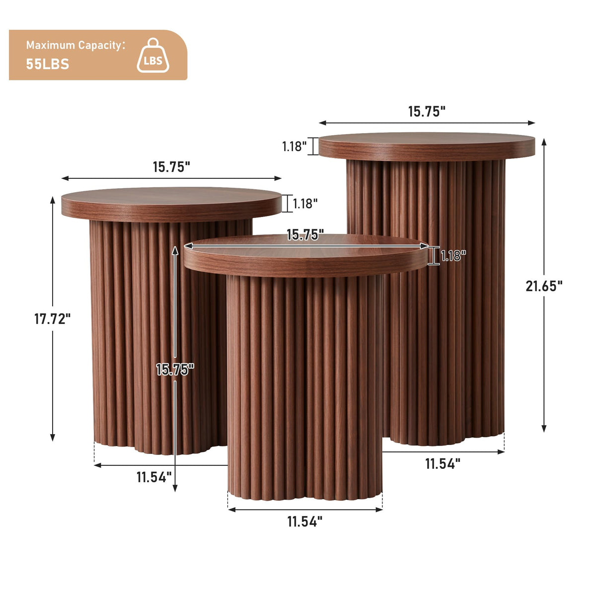 Round Nesting Coffee Table Set of 3 Fluted Coffee Table (Natural)
