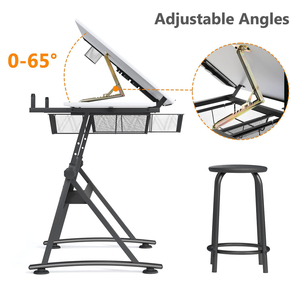 OS MOTOR Adjustable Height Drafting Table with Wood Top, Art Craft Desk with Slide-Out Drawers, Storage, for Drawing, Writing, Painting, and Creative Tasks, Ideal for Home Office, Natural