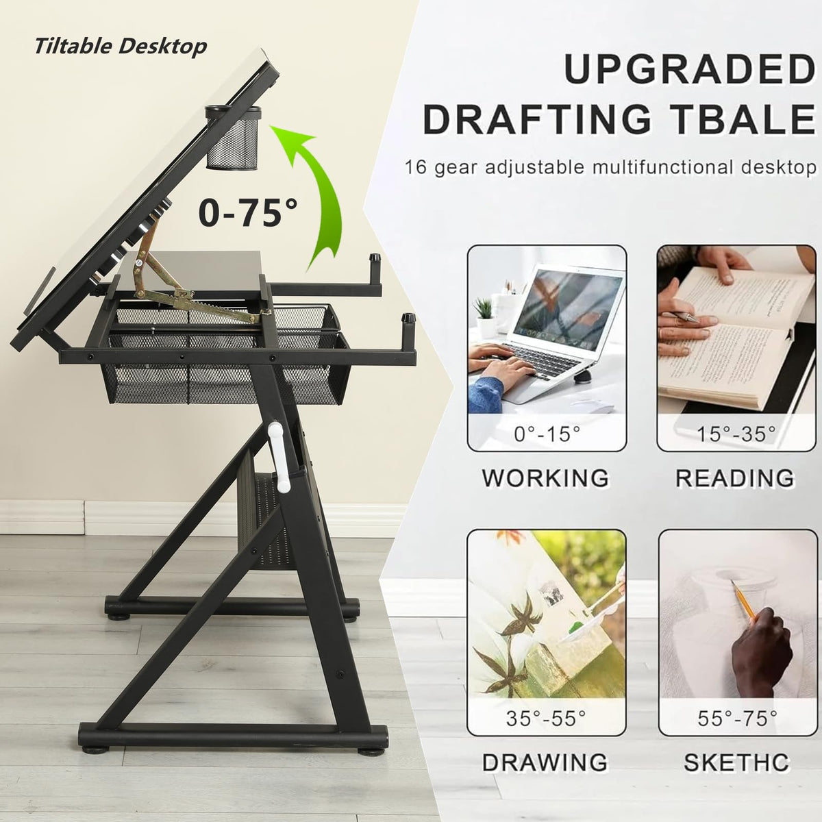 Drafting Table for Artists, Glass Drawing Table with Stool,T1-Black
