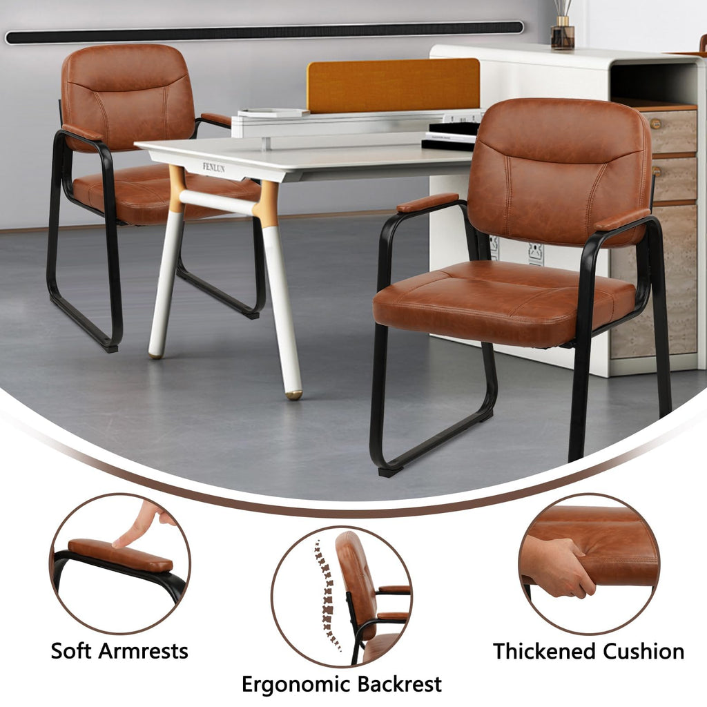 CLATINA Waiting Room Guest Chair with Bonded Leather Padded Arm Rest for Office Reception and Conference Desk Black with Sled Base Brown 1 Pack