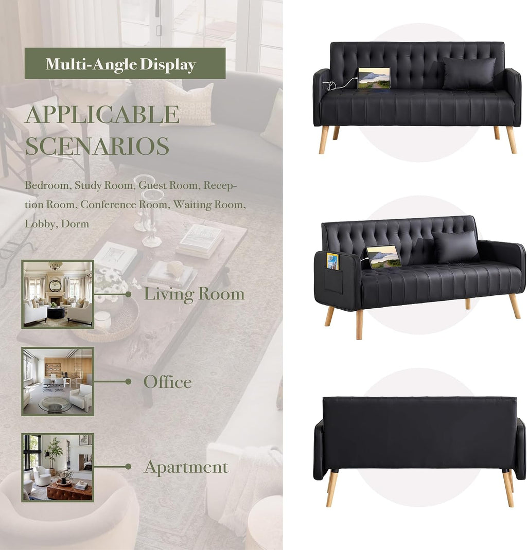 57â Small Faux Leather Loveseat Couch and Accent Chair Set of 2 (3, Black)