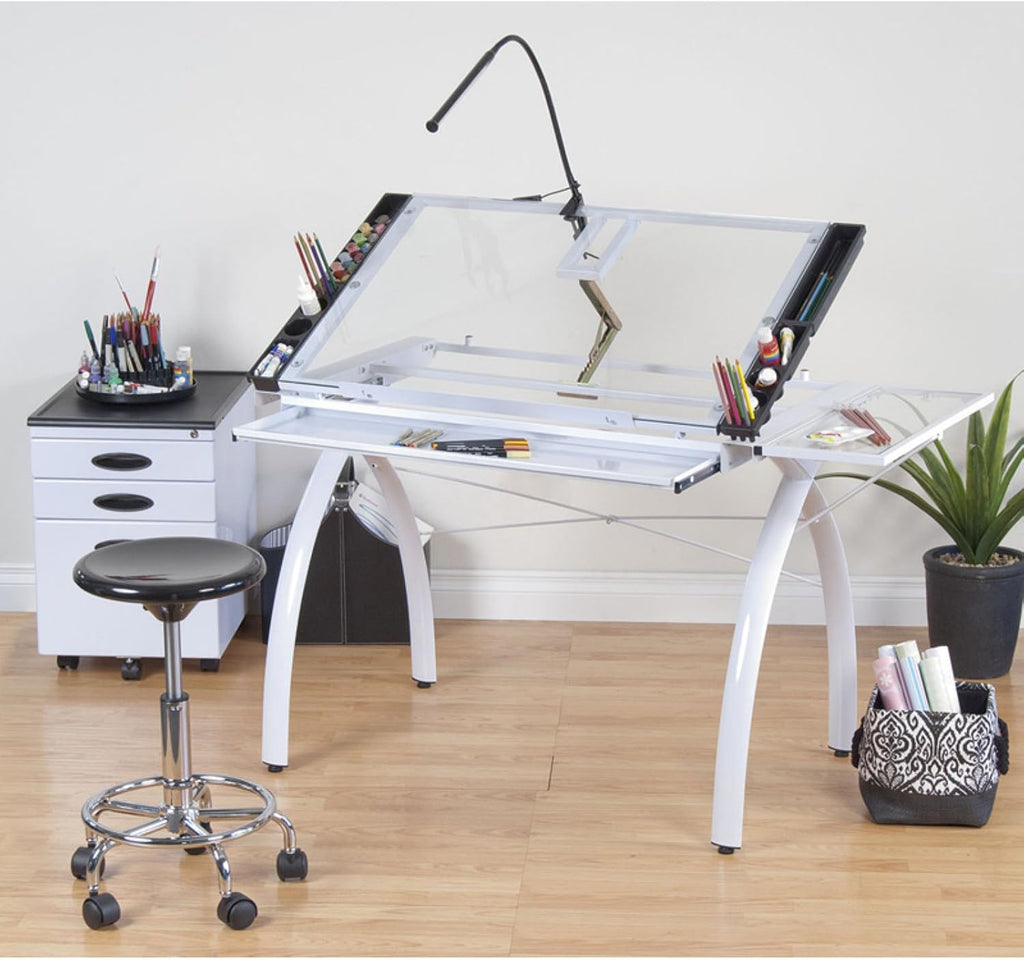 SD Studio Designs 10096 Futura Station with Folding Shelf Top Adjustable Drafting Craft Drawing Hobby Table Writing Studio Desk with Drawer, 35.5'' W x 23.75'' D, White/Clear Glass