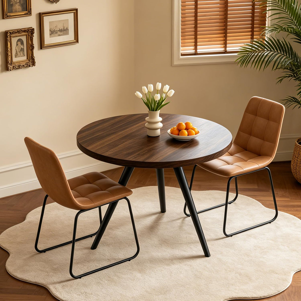 34.6" Round Dining Table Set for 4, Modern Kitchen Coffee Table Set, Walnut