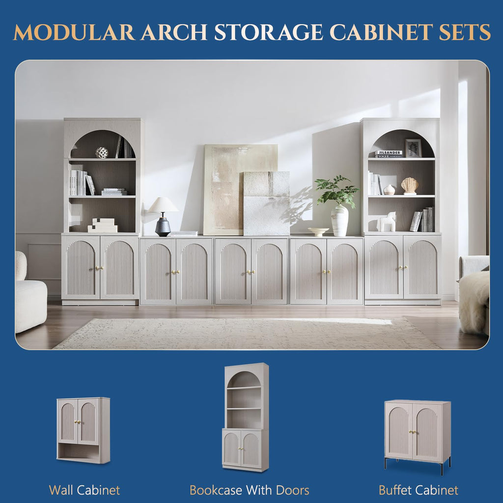 77.6" Tall Arched Bookshelf, Wood Bookcase w/Fluted Arched Door, Light Grey