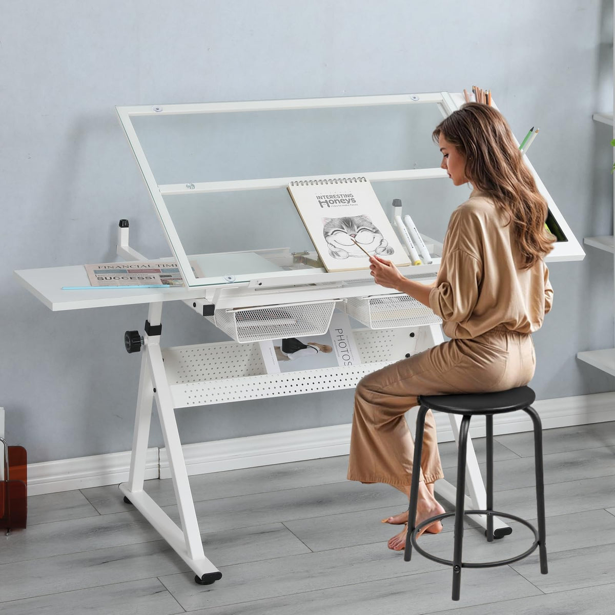 Drafting Table for Artists, Glass Drawing Table with Stool,T1-Black