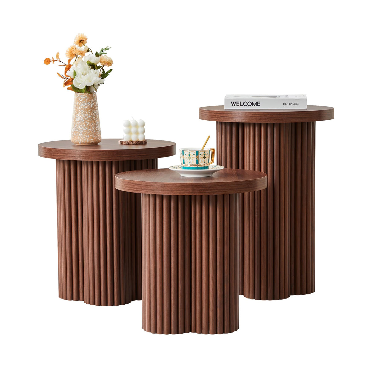Round Nesting Coffee Table Set of 3 Fluted Coffee Table (Natural)