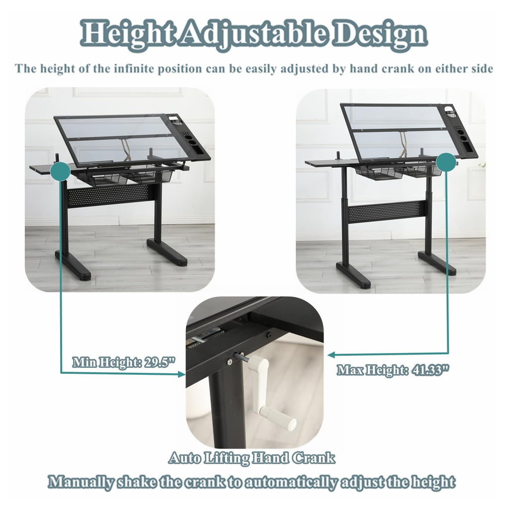 Drafting Table for Artists, Glass Drawing Table with Stool,T1-Black