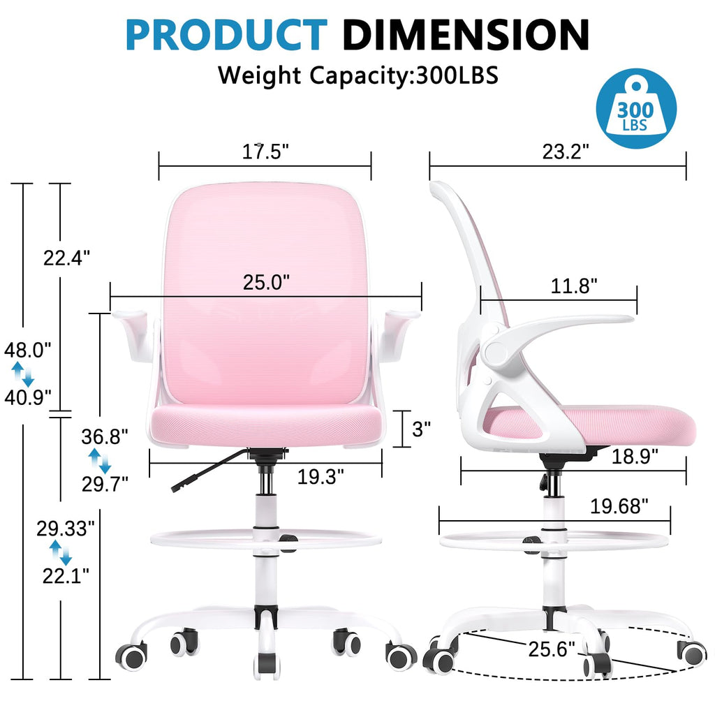 Kensaker Drafting Chair Tall Office Chair, Ergonomic Standing Desk Chair with Adjustable Foot Ring and Flip-up Armrests, Mesh Computer Chair for Art Studio, 300 LBS, Black