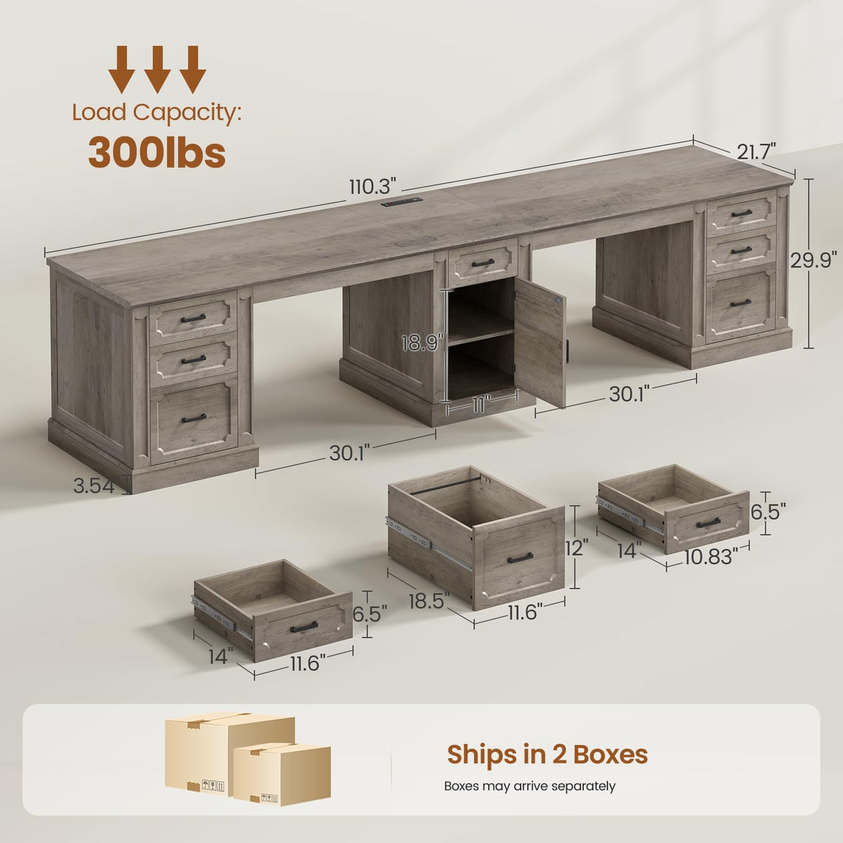 SEDETA Farmhouse 70.9" Executive Desk, Home Office Desk with File Drawers and Storage Cabinet, Computer Desk with Power Outlet for Home Office, Work Study Writing, Black+Brown