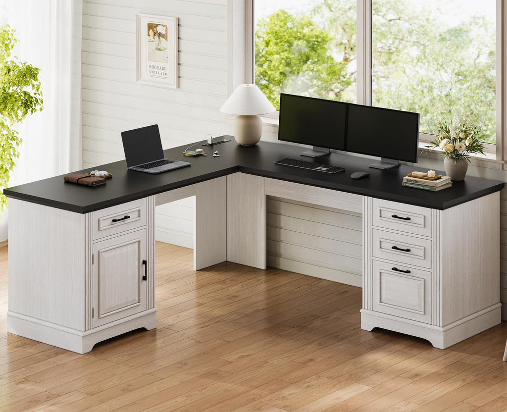 Itaar Farmhouse L Shaped Desk, Executive Computer Desk with Drawers and Storage Cabinet, Home Office Desk with File Drawer and Power Outlet, Corner Desk, Workstation for Office Home, Grey