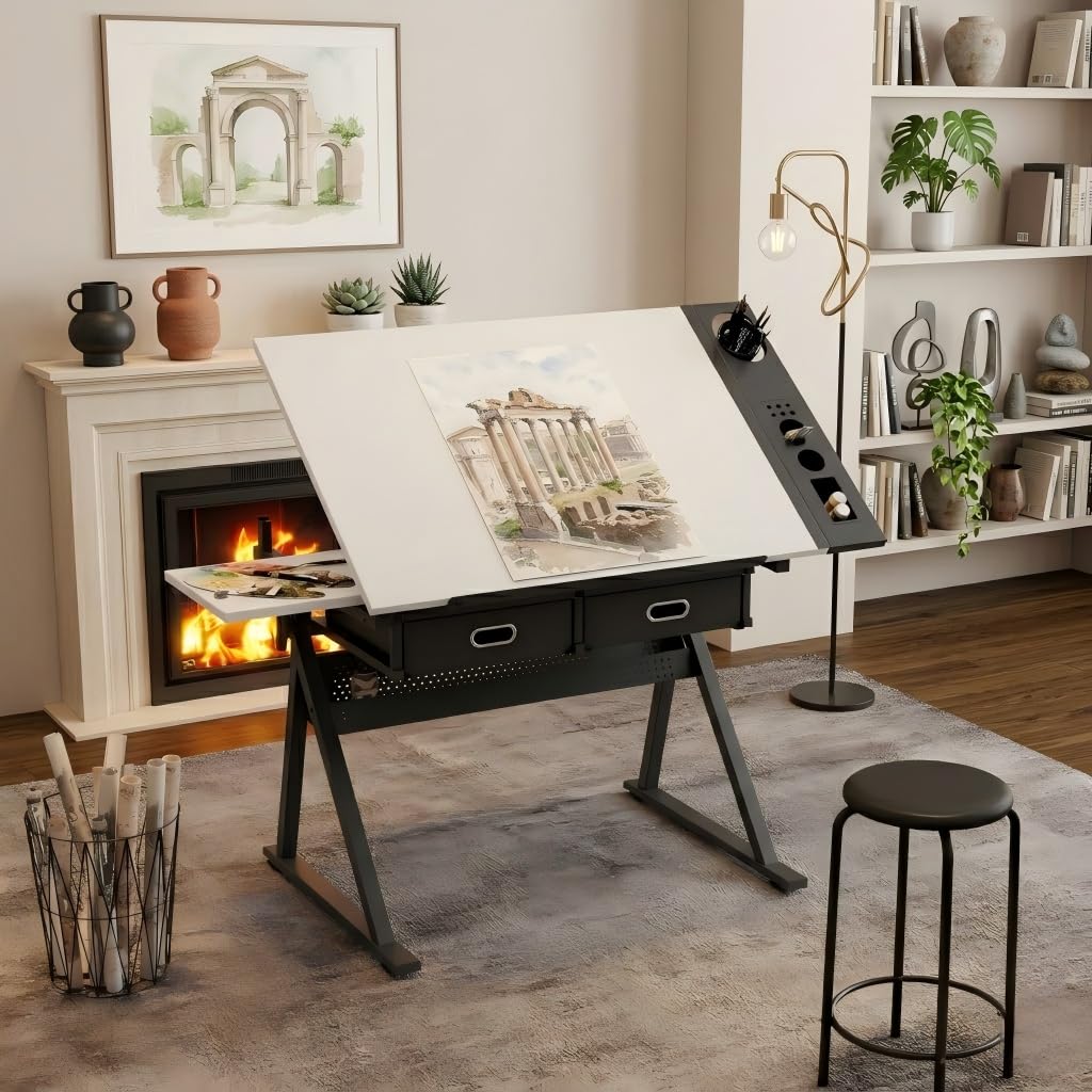 Adjustable Drawing Table with 3 Drawers & Stool, for Art & Work