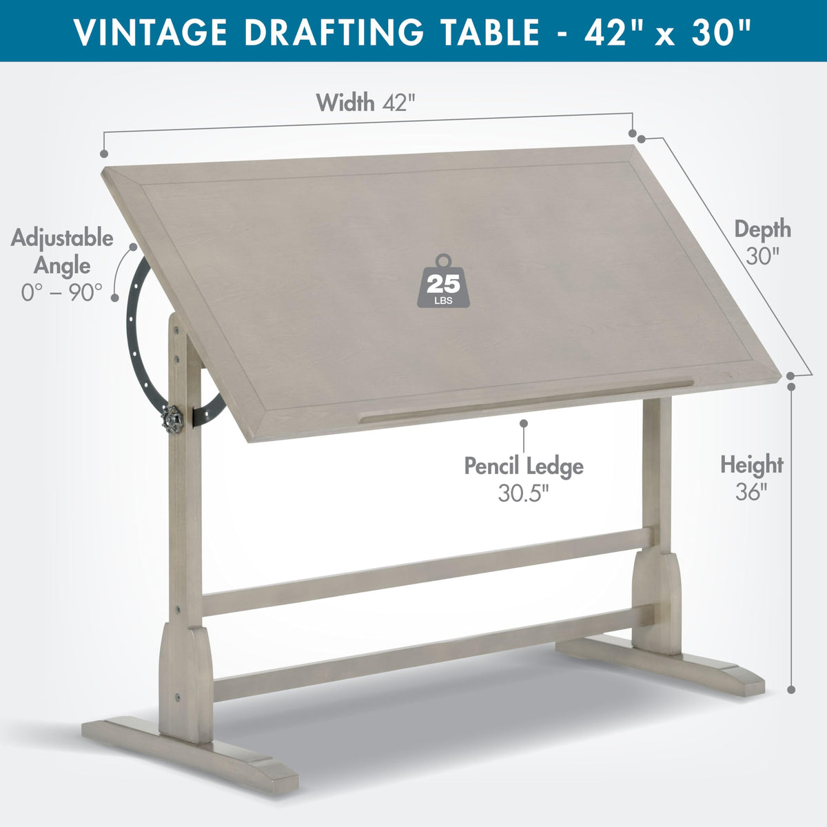 Studio Designs Vintage Drafting Table - Antique Design Solid Wood Drafting Table with Built-In Pencil Groove and Pencil Ledge - Angle Adjustable Work Surface