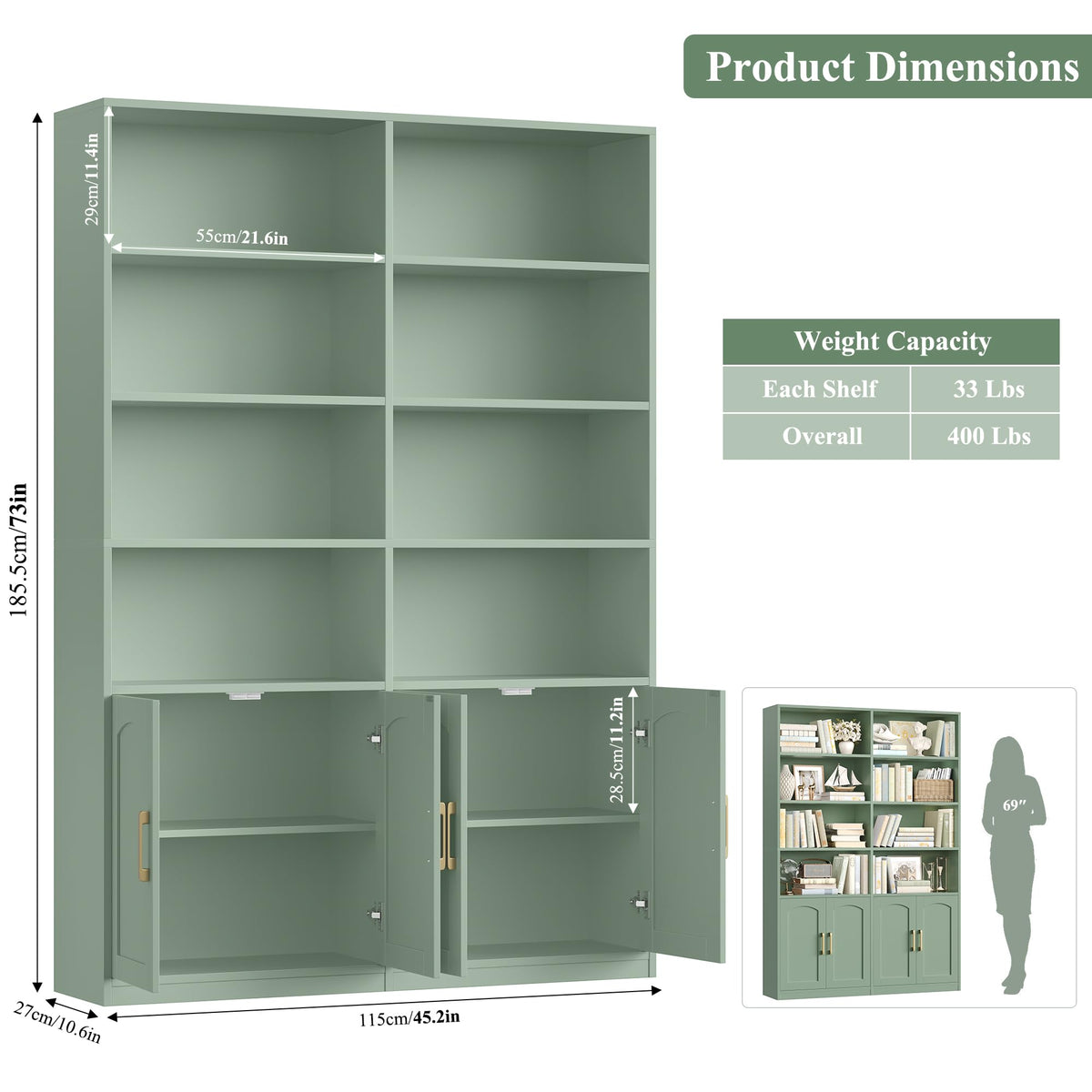 FACBOTALL Bookshelf and Bookcase with Doors, Double Wide Large Bookshelves