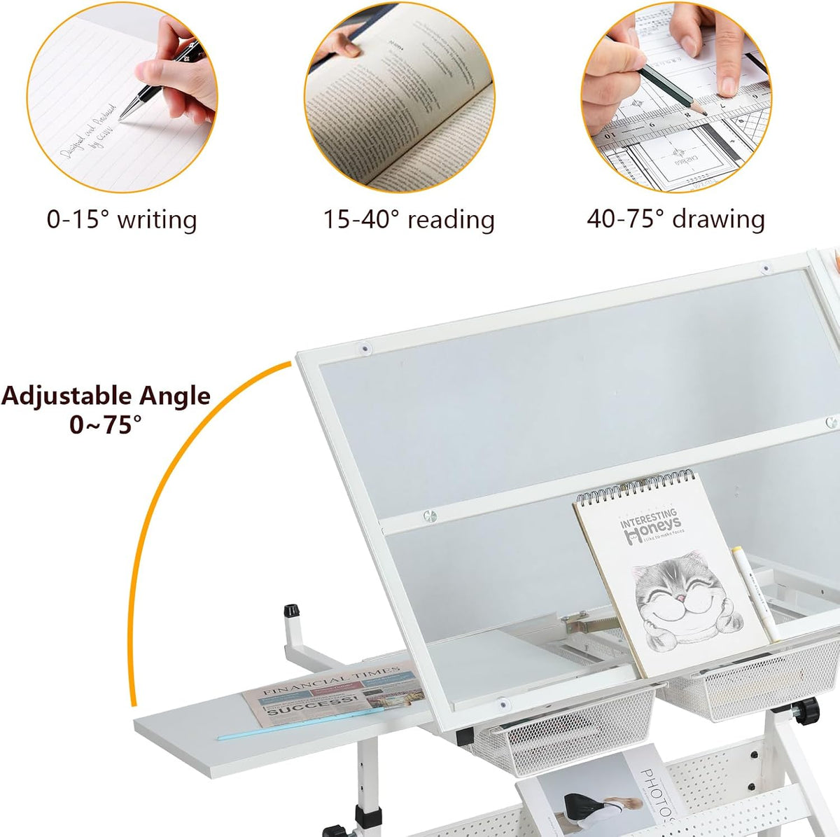 White Drafting Table with Stool, Height Adjustable Art Craft Desk with Tilting Tempered Glass Tabletop, Expansion Board, Multi-Storage, Drawing Table for Studio, Artists, Home Office, Painters, White