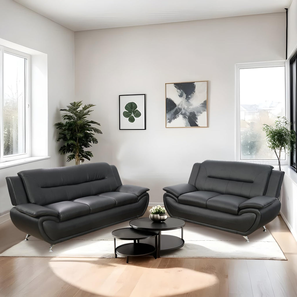 Leather Sectional Sofa Couches, Living Room Sofa and Loveseat Set, Faux Leather Couch and Loveseat Set for Office/Bedroom/Apartment, Cream