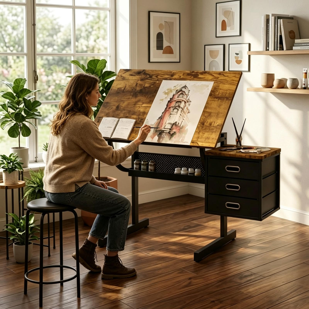 Drafting Table, Height Adjustable Art Table with Stool,T1-All White
