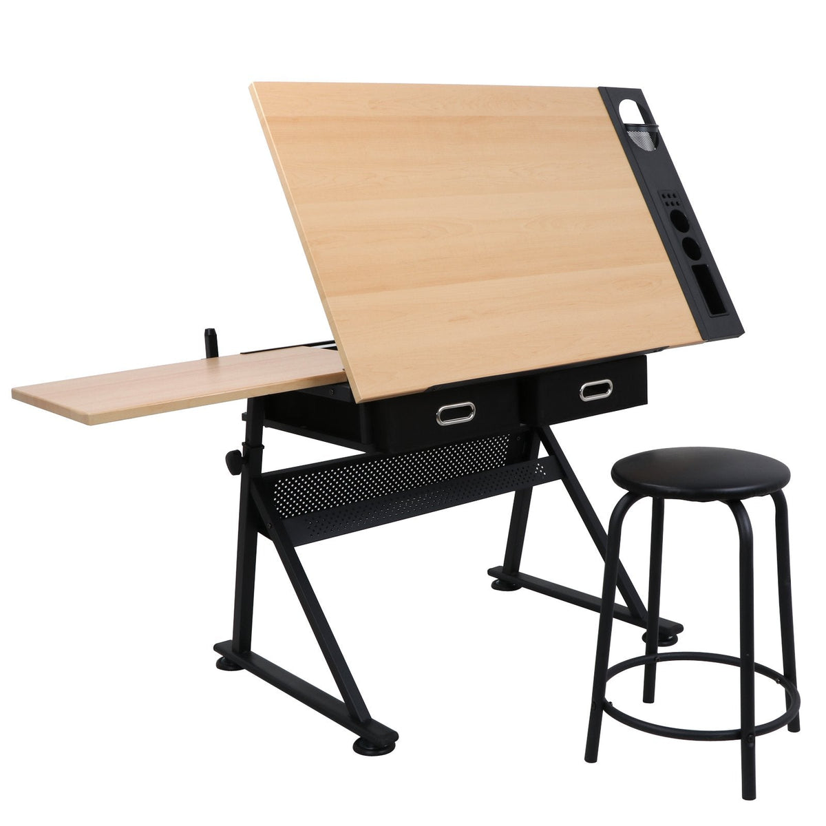 LEMY Drafting Table Art Desk, Height Adjustable Drawing Table Tilting Tabletop Work Station with Stool and Storage Drawer for Home, Office, Writing, Black