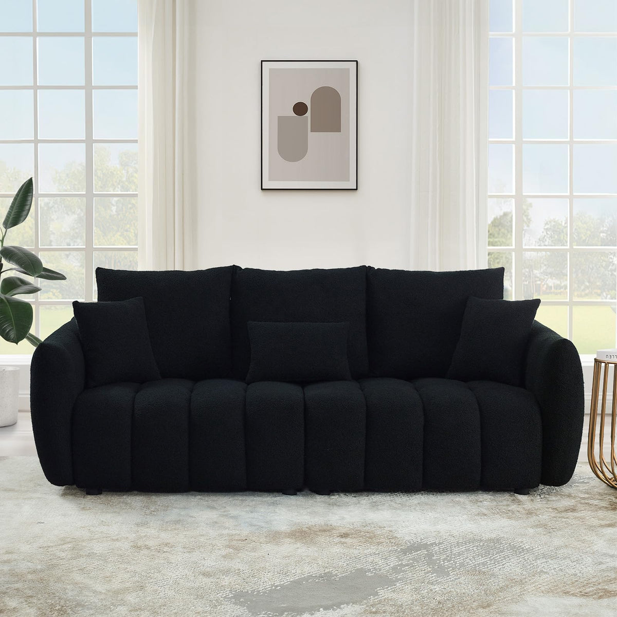 Antetek Teddy Fabric Sofa Set for Living Room, 2 Pieces Modern Deep Seat Oversized 3-Seater Cloud Boucle Couch for Bedroom, Office, Apartment, Furniture Set, 78-inch, Black (2 Pieces)