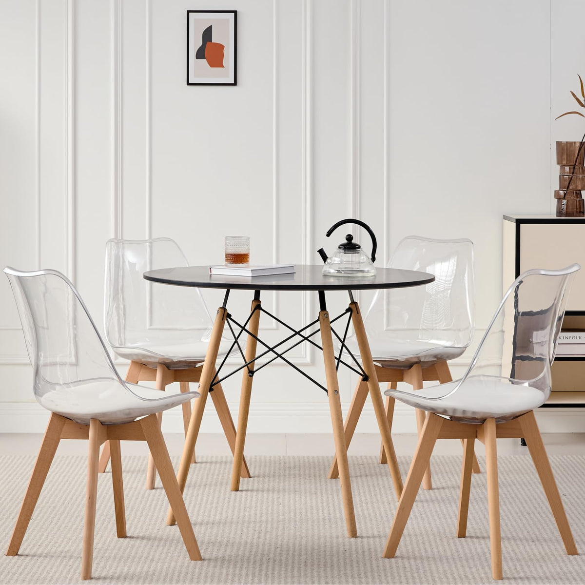 5-Piece Round Dining Set, 35.5" Black Table & Light Gray Chair