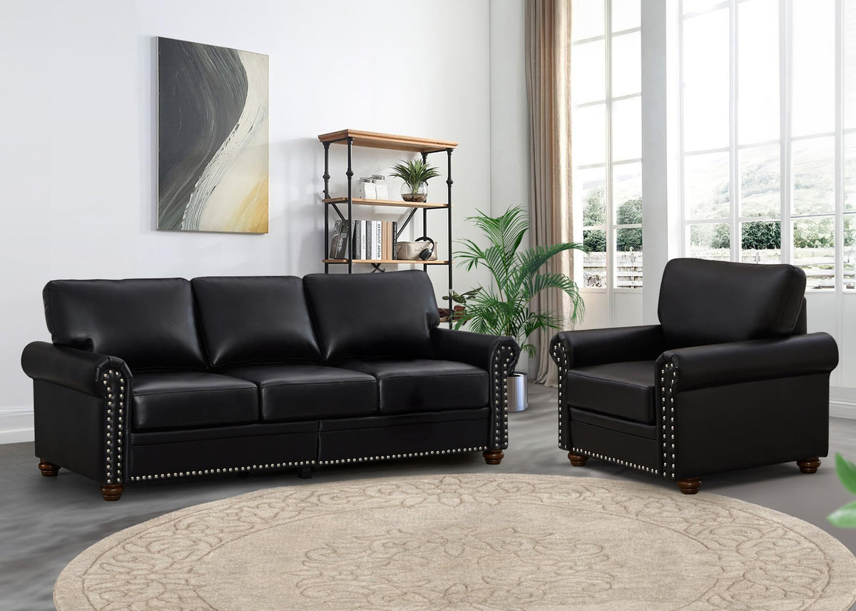 2 Piece Faux Leather Sofa Set,Modern Couch and Loveseat Sets with Storage,Mid Century Couch with Rivet Rolled Arm,Comfy Deep Seat Sofa,Furniture for Living Room,Office(Loveseat+3 Seater,Navy)
