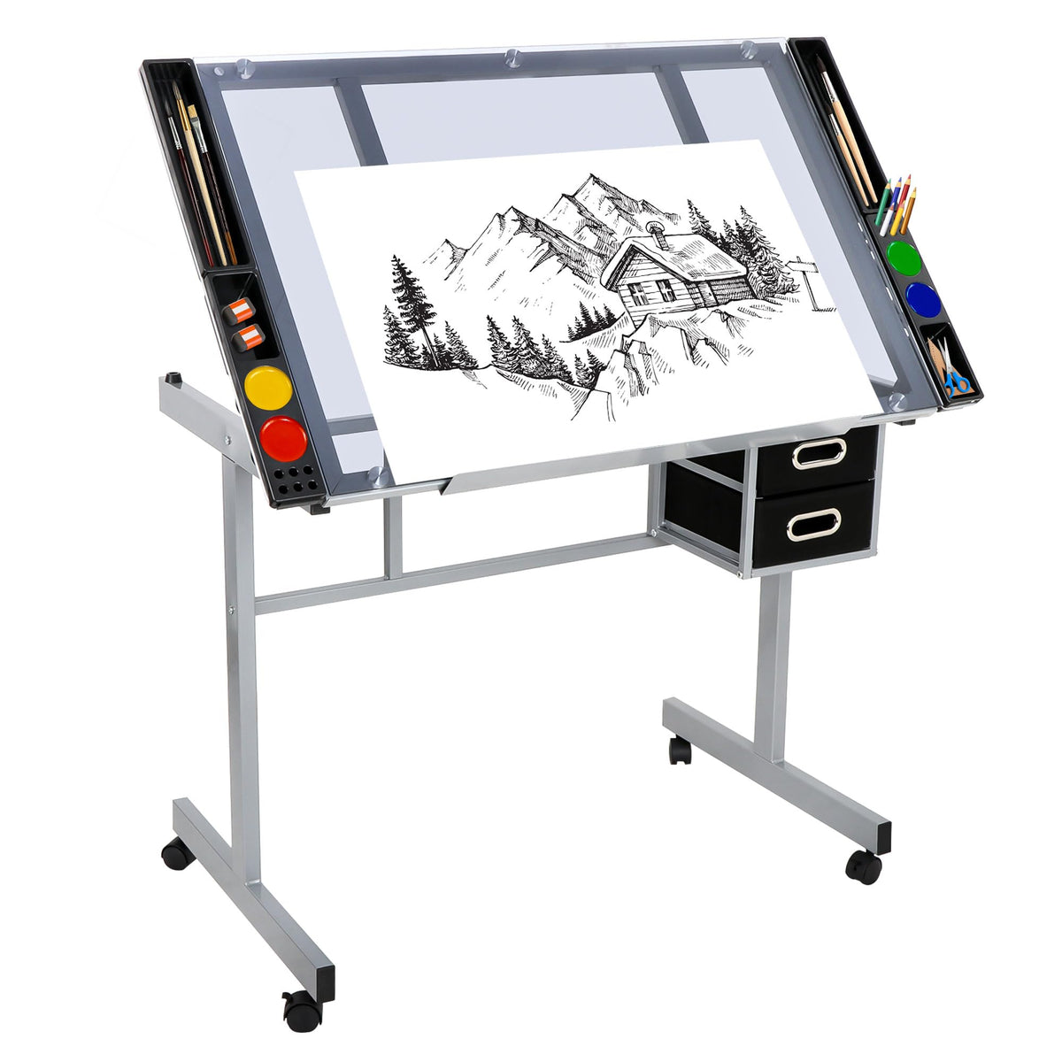 NOVA MICRODERMABRASION Adjustable Height Drafting Desk Drawing Table Tiltable Tabletop for Reading, Writing Art Craft w/Stool and Drawers