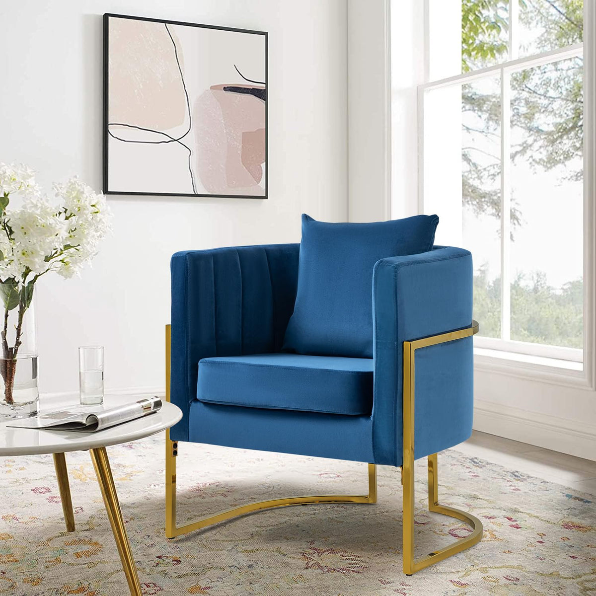 Velvet Accent Barrel Chairs Set of 2, Modern Arm Club Chair Set with Pillow for Living Room/Bedroom/Guest Reception, Channel Tufted, Gold Finish Base, Orange