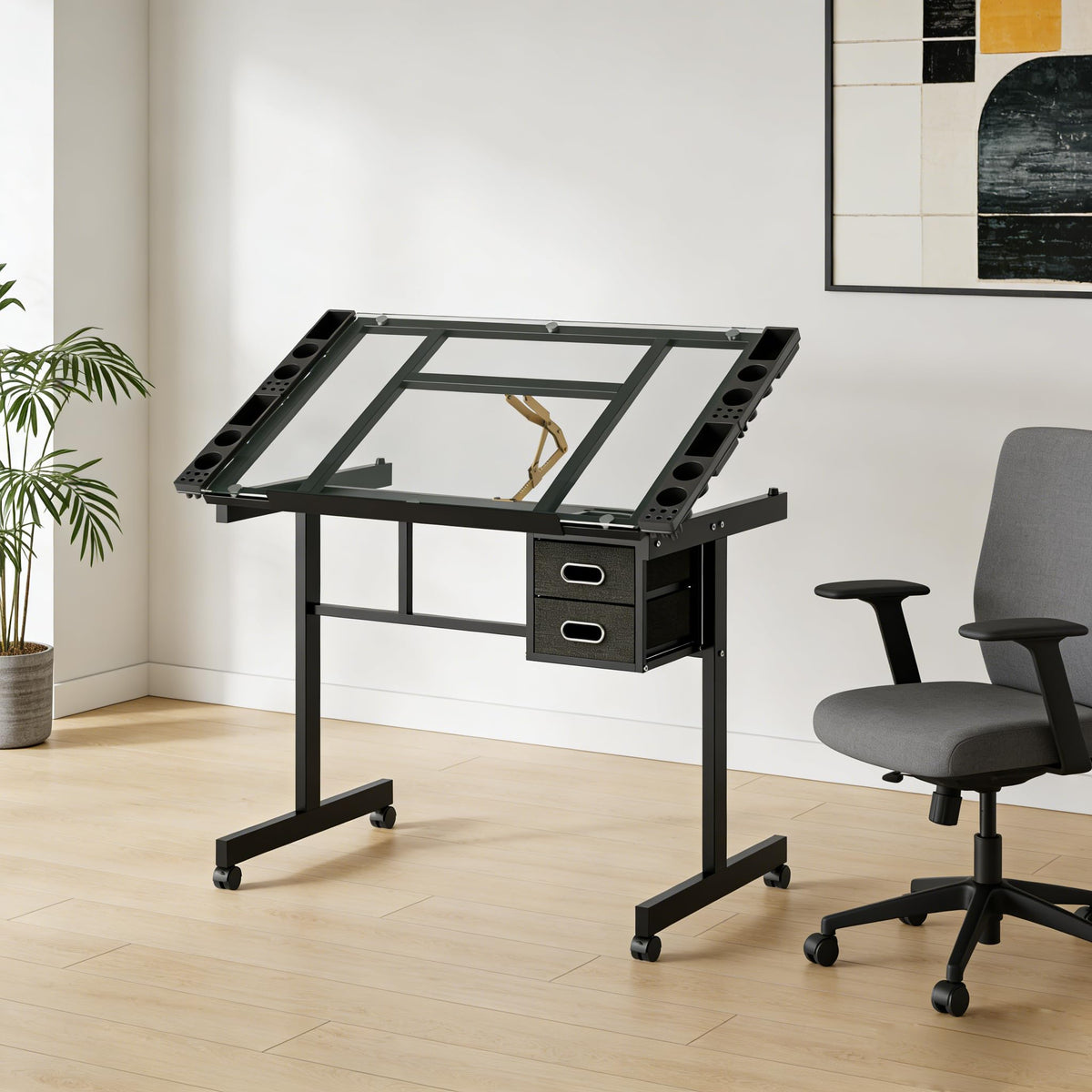 Adjustable Drafting Table with Stool, 0-75Â° Tilting Art Desk, White