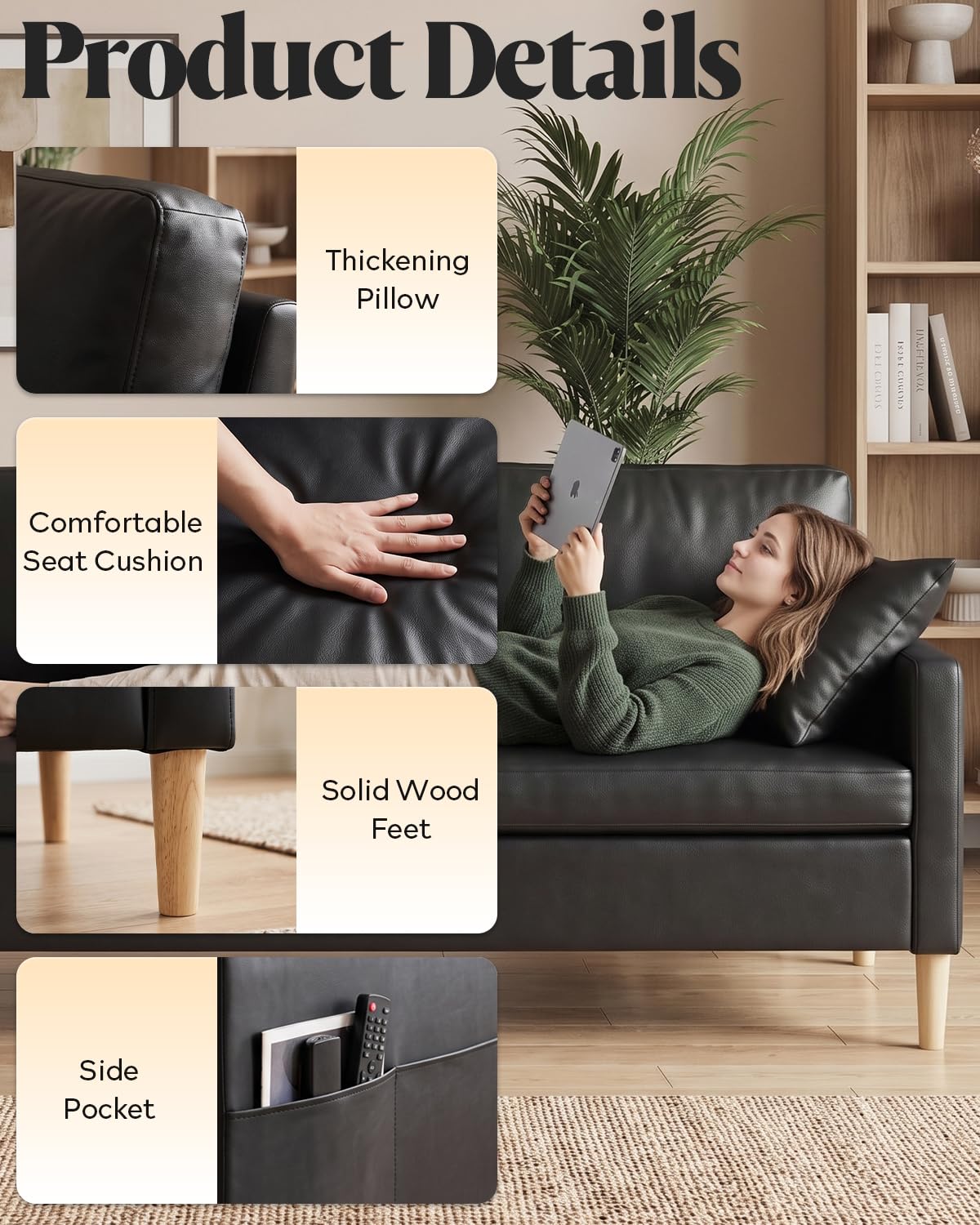3 Piece Black Faux Leather Modern Small Couch and Chair Set for Office