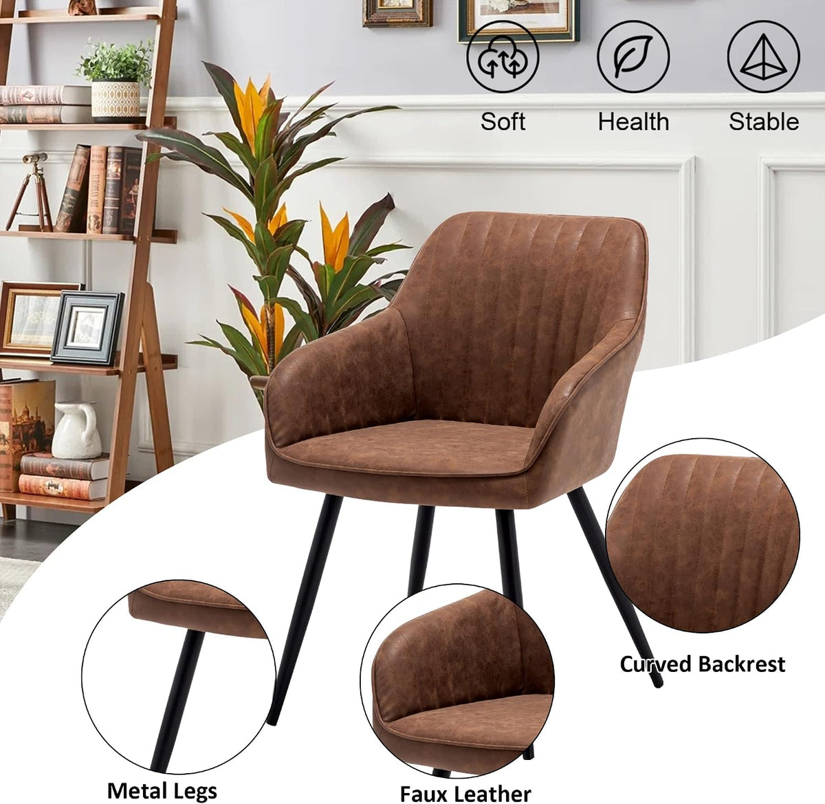 annjoe Faux Leather Accent Arm Chairs for Living Room Leisures/ Upholstered Chair with Metal Legs Set of 2 for Home Kitchen Office Bistro Cafe, Brown
