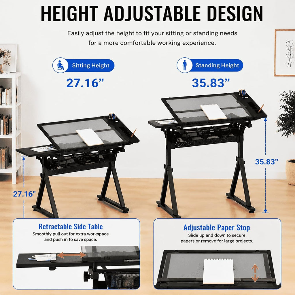 Adjustable Drafting Table with Chair, Tilting Tempered Glass Desk