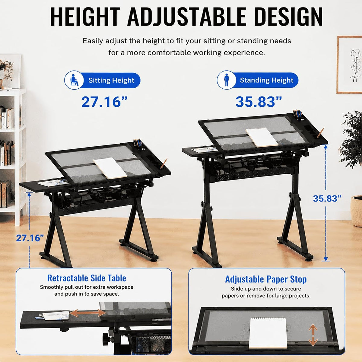 Adjustable Drafting Table with Chair, Tilting Tempered Glass Desk