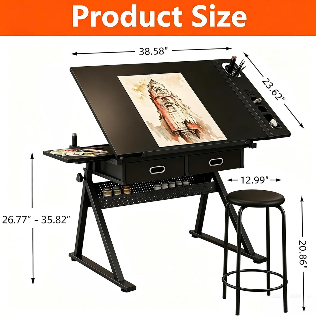 Drafting Table, Height Adjustable Art Table with Stool,T1-All White