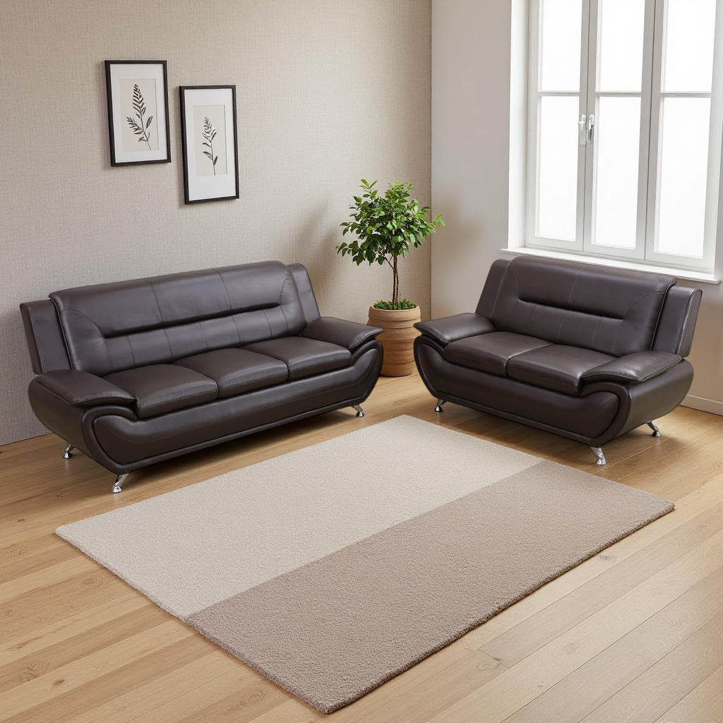 Leather Sectional Sofa Couches, Living Room Sofa and Loveseat Set, Faux Leather Couch and Loveseat Set for Office/Bedroom/Apartment, Cream