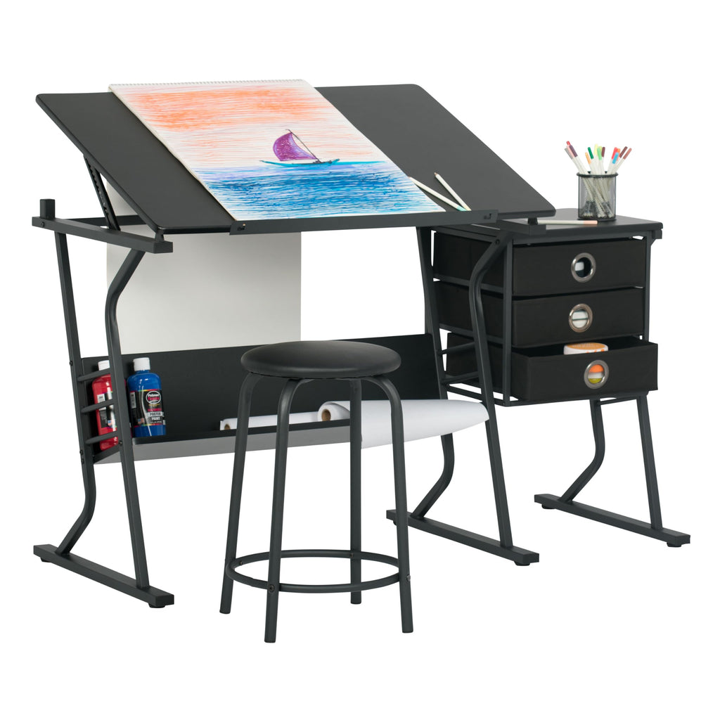 2 Piece Eclipse Ultra Center/Drawing Table with Stool, Angle Adjustable Top, Storage Shelves, and Drawers