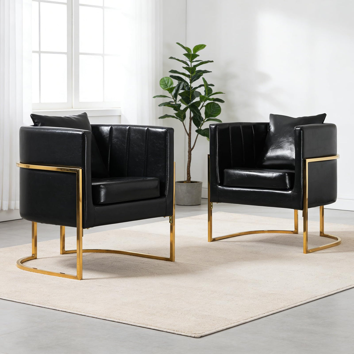 Velvet Accent Barrel Chairs Set of 2, Modern Arm Club Chair Set with Pillow for Living Room/Bedroom/Guest Reception, Channel Tufted, Gold Finish Base, Orange