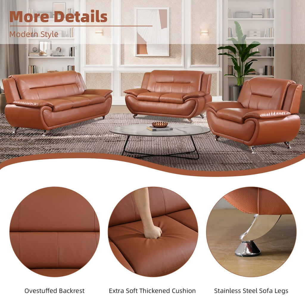 Modern Leather Sofa Set, Living Room Furniture, 3 - Piece Couch Set, Faux Leather Couch Loveseat Chair Set with Sturdy Legs for Living Room/Bedroom/Office,Black