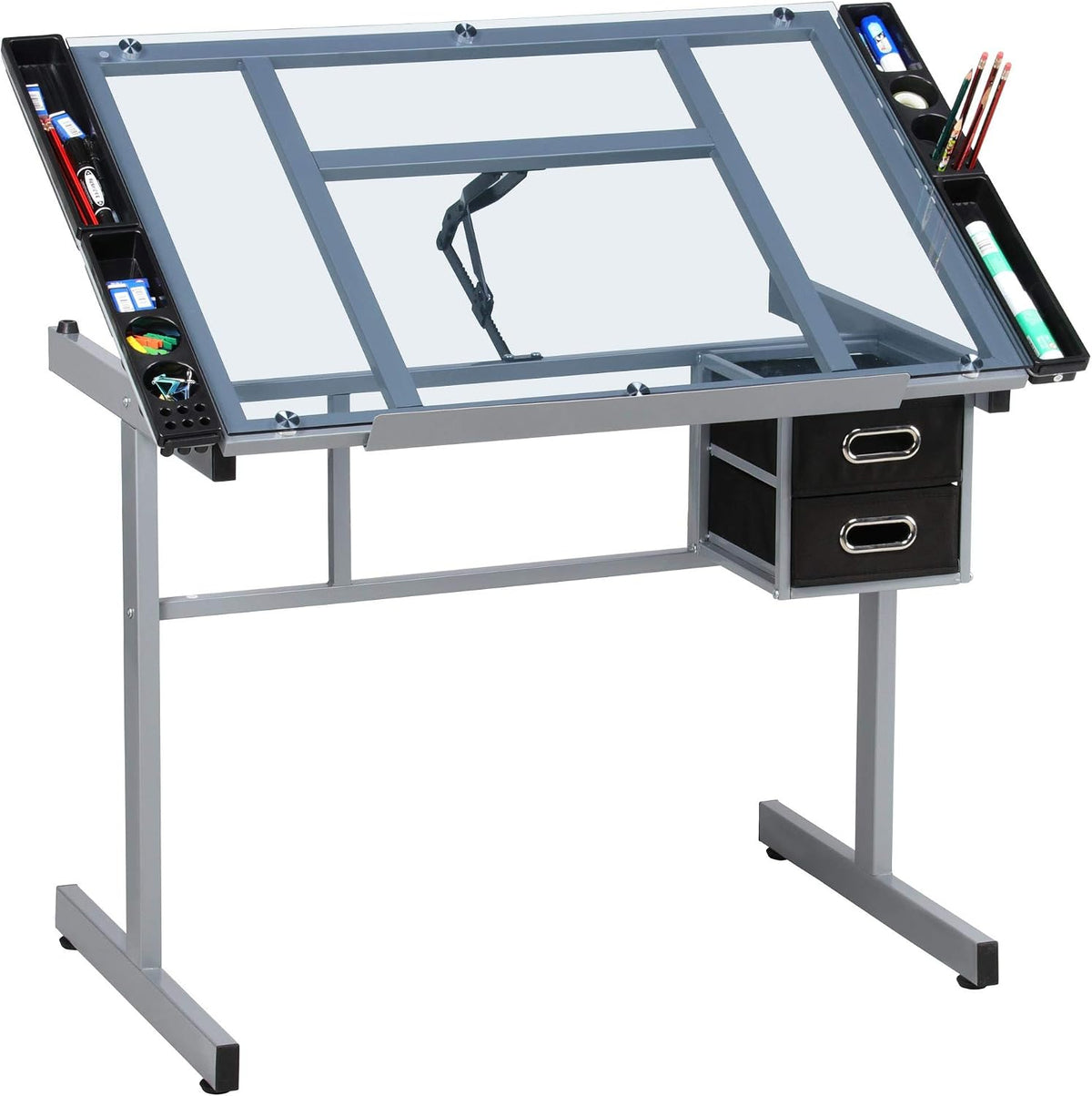 Yaheetech Glass Drafting Table with Storage, Adjustable Art Drawing Desk