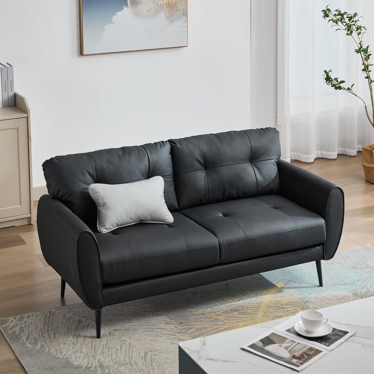 TYBOATLE 2 Piece Furniture Sets, Small Loveseat for Living Room, White Faux Leather Couch Mid Century Modern Tufted Mini Sofa Comfy Office 2 Seat Love Seat for Small Spaces Bedroom