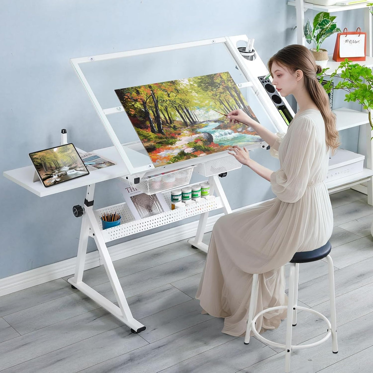 Drafting Table, Height Adjustable Art Tabe with Stool, Black
