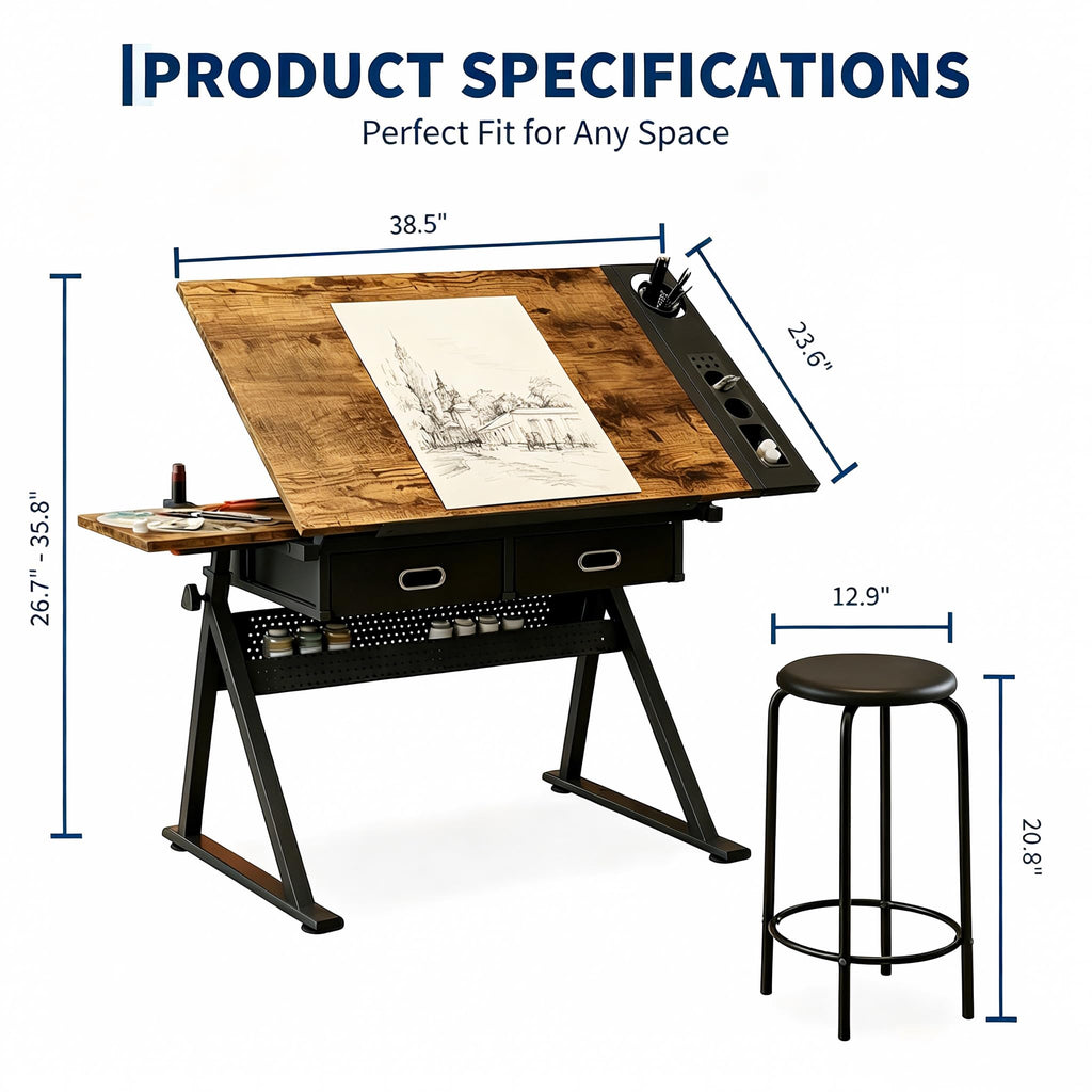 Height Adjustable Drafting Table, 0-75Â° Tilting Drawing Table Art Desk