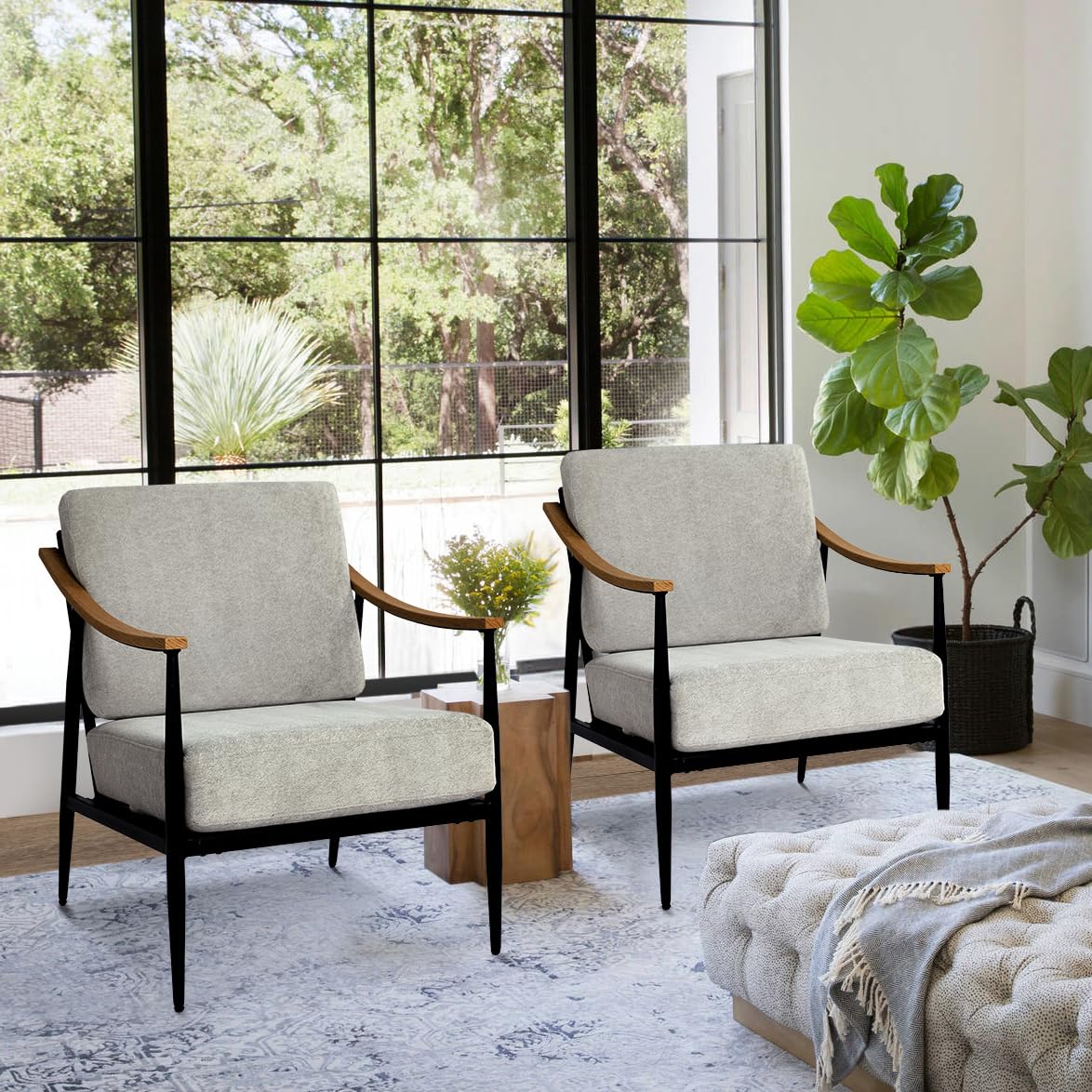 RNKSFX Modern Accent Chairs Set of 2 for Living Room Bedroom Mid Century Arm Chairs Upholstered Office Accent Chairs Comfy Waiting Room Chairs with Metal Frame, Beige